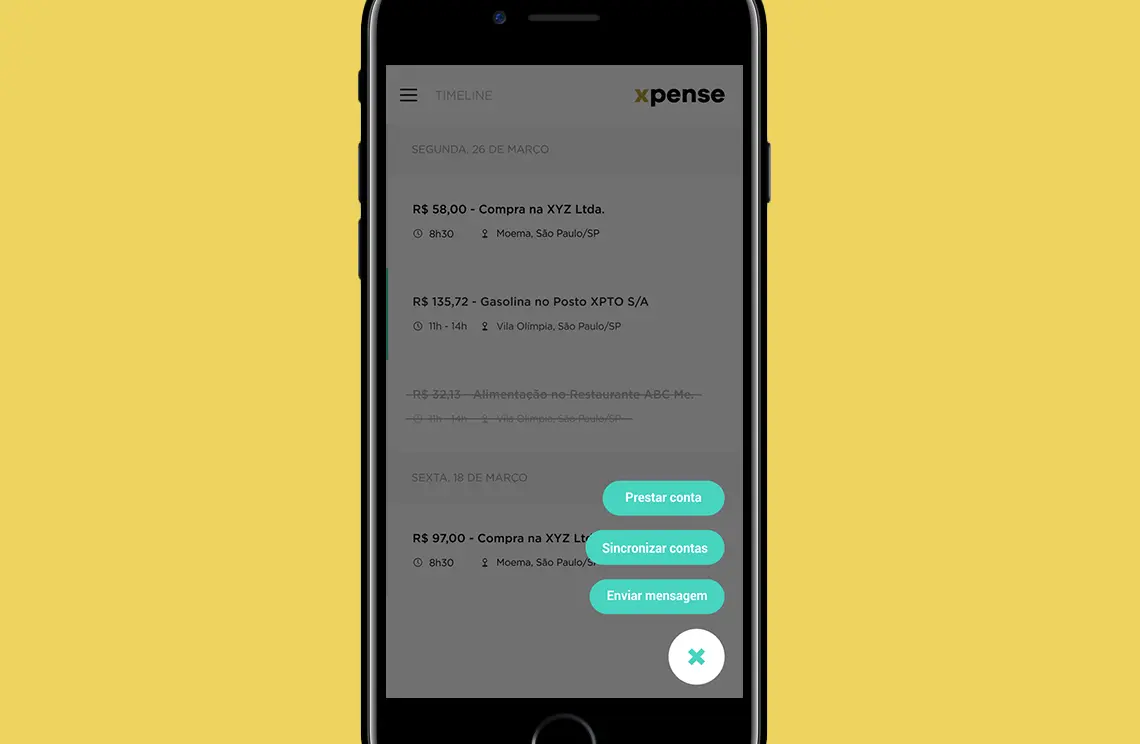 Tela do Xpense com ações para fotografar, anexar e enviar recibo